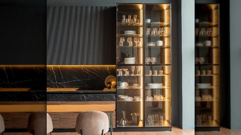 glass hutch with lighting inside