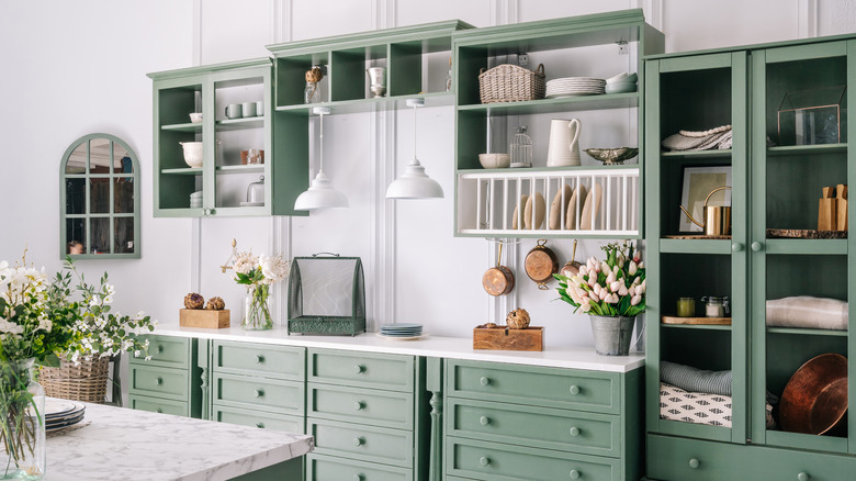 Hutch painted green in kitchen