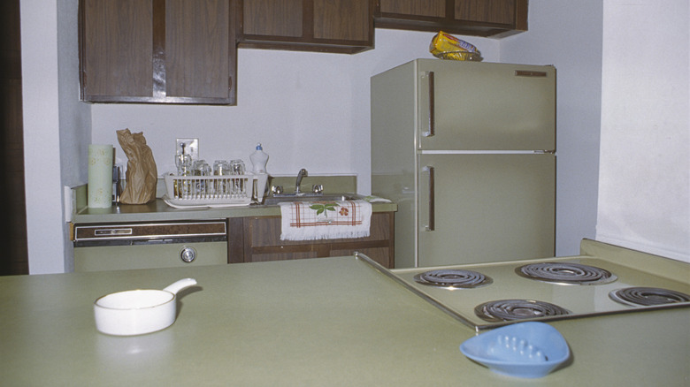 A 1970s kitchen with avocado green appliances and countertops.