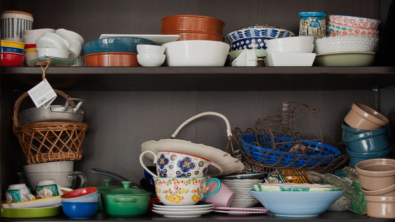 Cluttered shelves in pantry