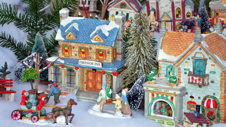 Christmas village decor on table