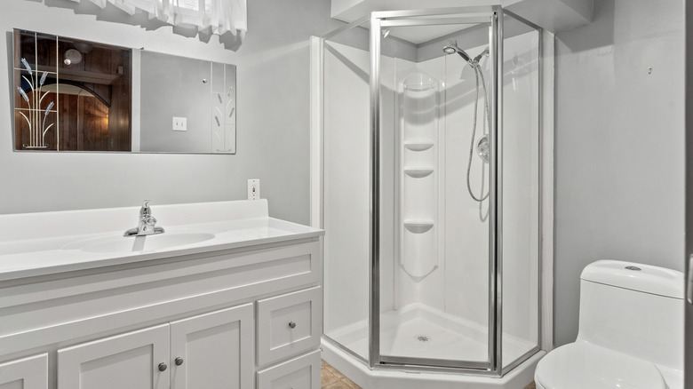 Bathroom with framed standing shower