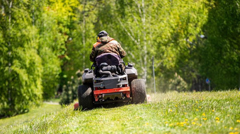 Person on red riding mower mowing the yard