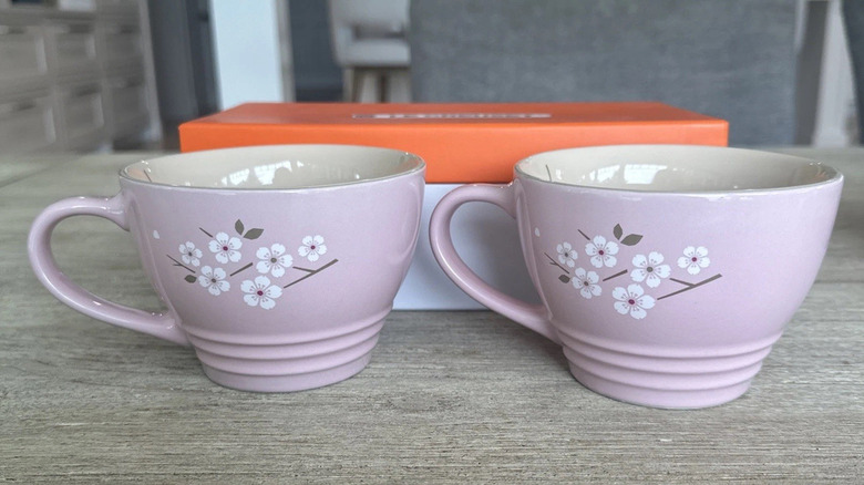 Two pink Le Creuset Teacups with the Cherry Blossom design