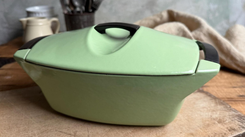 A futuristic, rectangular Le Creuset pot in Florentine Green