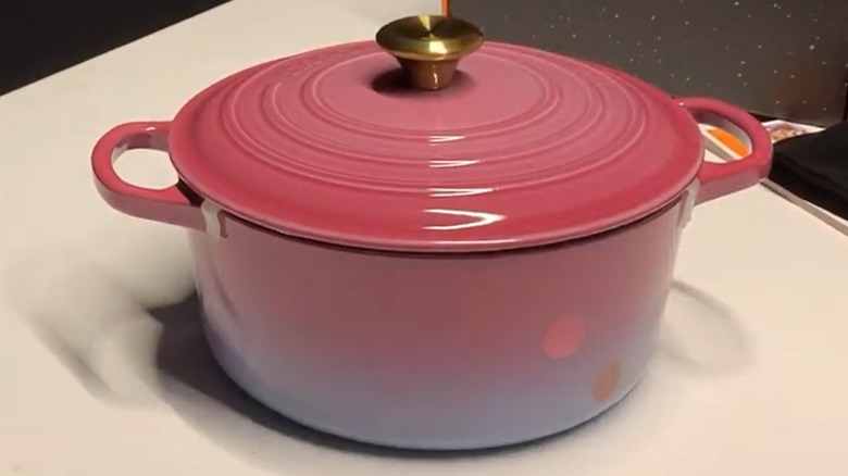 An ultra rare Tatooine Le Creuset dutch oven in shades of mauve and lavender
