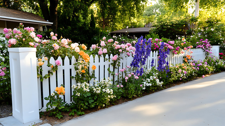 A white picket fence covered in roses.