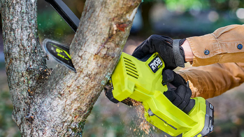 Close-up of a person cutting a tree limb with Ryobi's 18V One+ Brushless 8-inch Pruning Mini Chainsaw