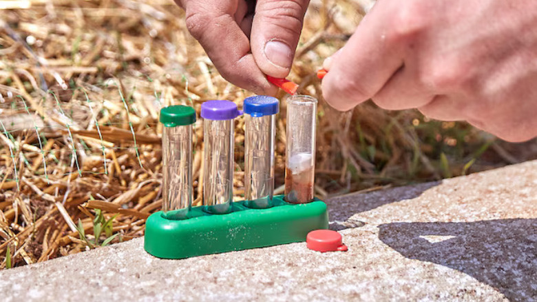 Close-up of a person using Lowe's Soil Test Kit