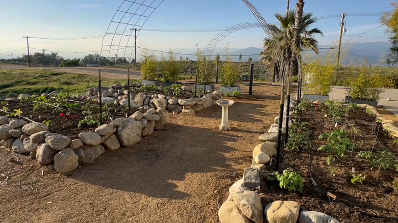 Fieldstones used to create raised garden beds