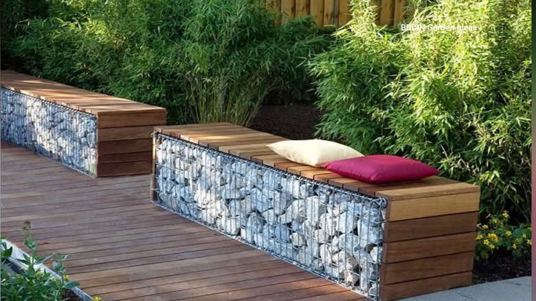 Gabion baskets used for making modern style wooden benches