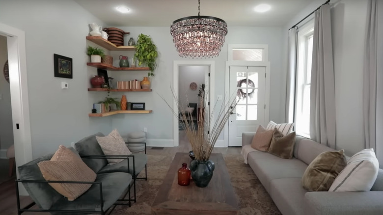corner shelves in living room