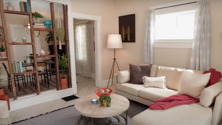 wooden shelving in living room