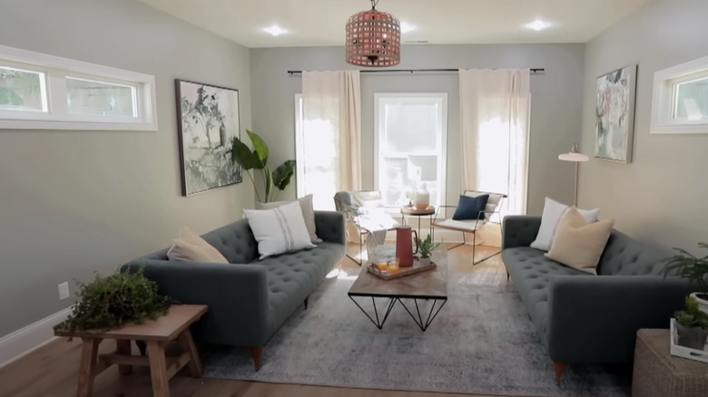 two matching blue couches