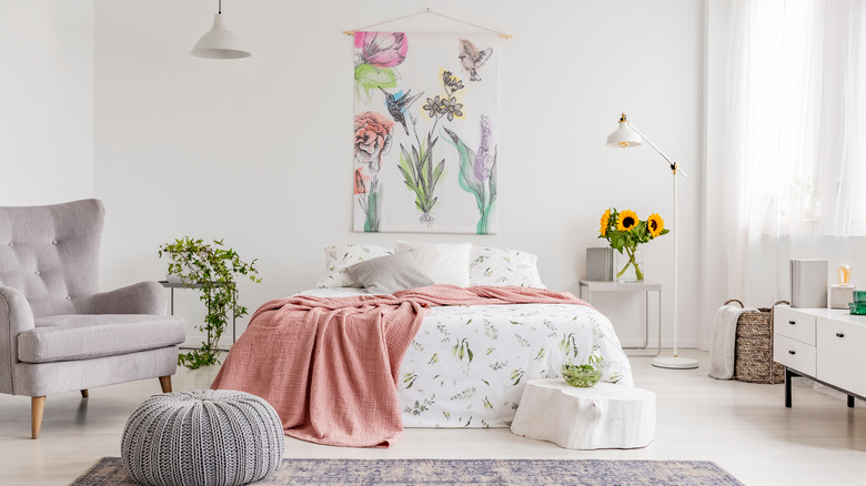 bedroom with plants and floral patterns