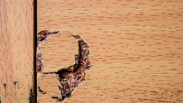 A close up of damaged particle board