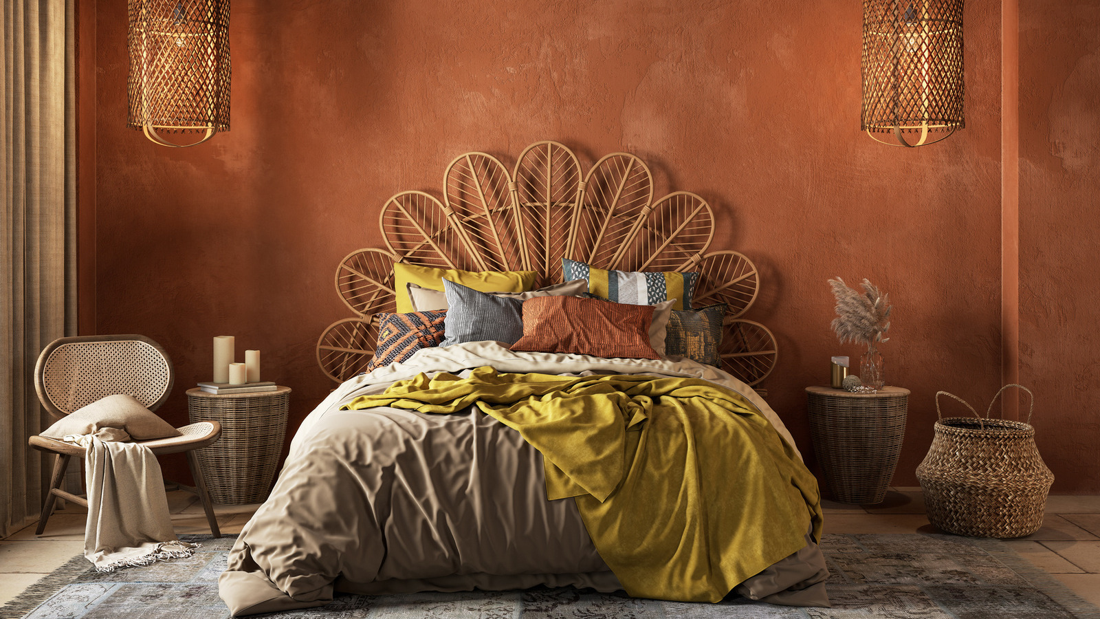 Warm desert-inspired bedroom with terracotta tones