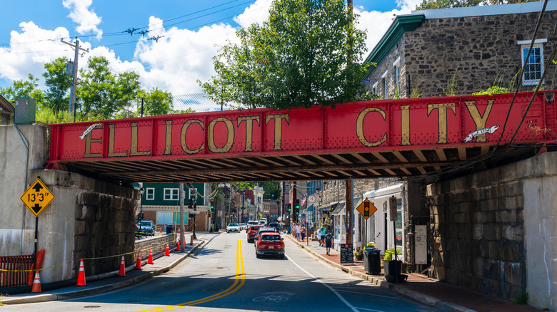Red bridge with Ellicott City sign in Maryland