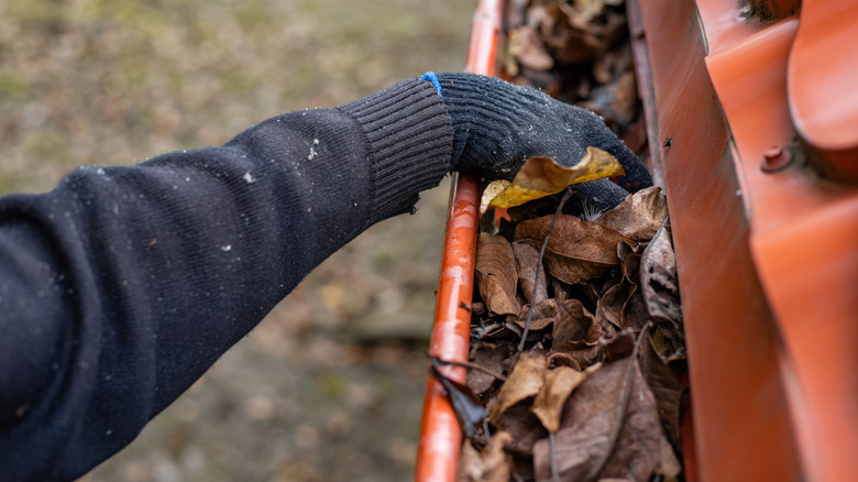 A hand clearing debris out of a gutter