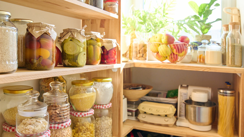 Jars and bottles in a kitchen pantry