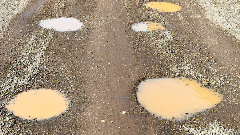 Muddy water-filled large potholes in a driveway