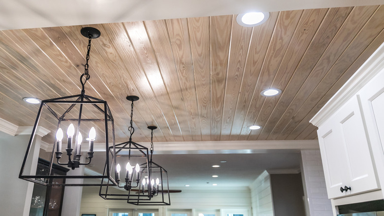 Closeup of bright light fixtures in a kitchen