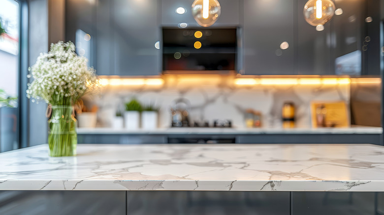White marble kitchen countertop in a modern kitchen