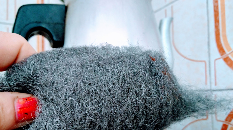 A woman's hand is holding some steel wool