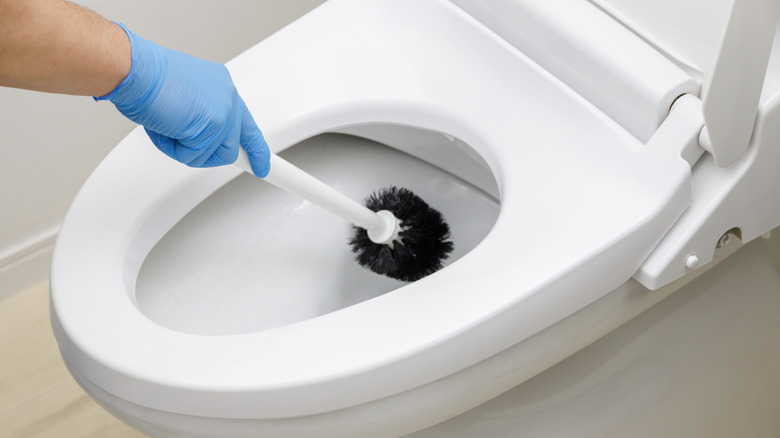 A person cleaning a toilet with a blue brush