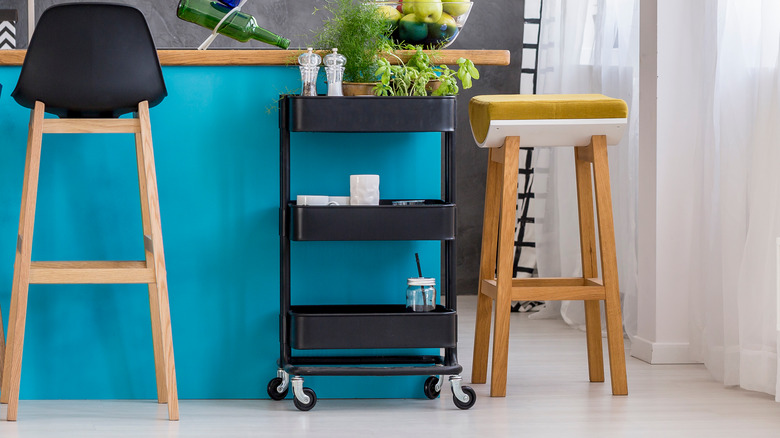 black bar cart in kitchen