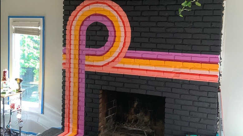 Brick fireplace with a retro-striped design