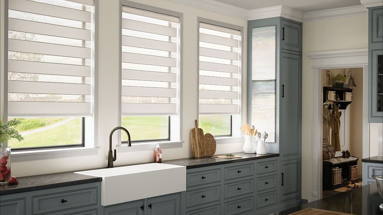Layered roller shades hanging in windows