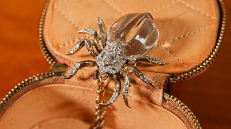 Sterling silver Trifari Jelly Belly spider brooch on its case