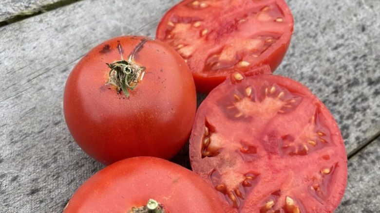 'Beaverlodge Slicer' tomatoes whole and cut in half
