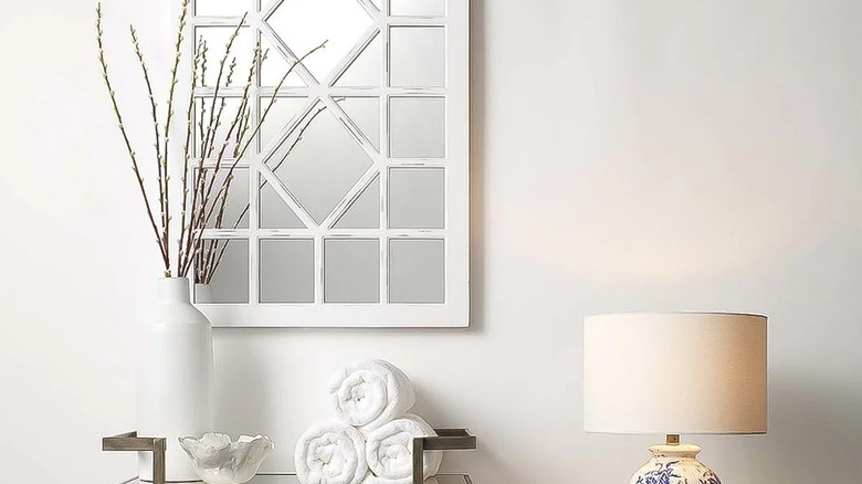 Distressed white wood antique mirror