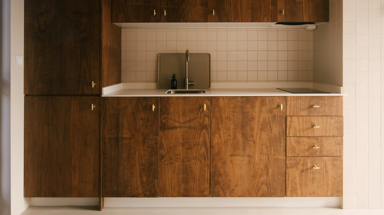 A pocket kitchen area with rich, chocolate brown wooden, simple slab cabinets.