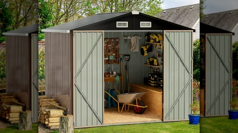 The black, green, and brown Aoxun storage shed.