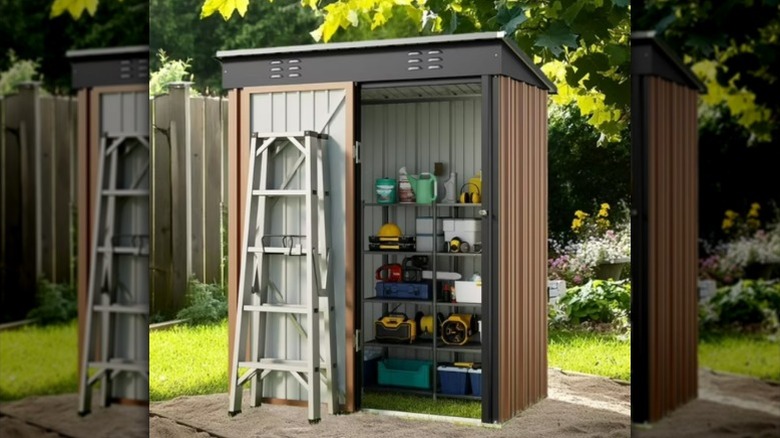 The brown Asofer outdoor shed in a yard.