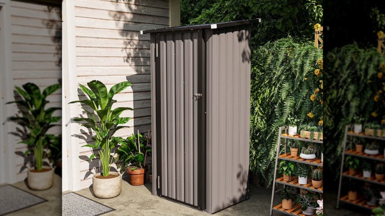 The skinny Sunmthink micro shed in a back patio.