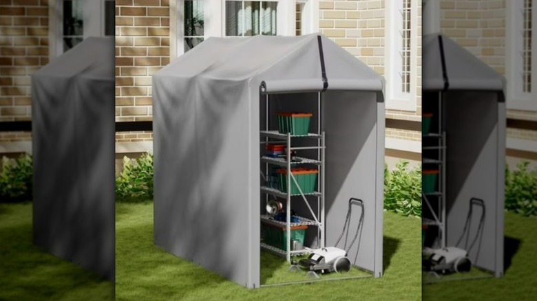 The outdoor portable VIneego shed in gray.