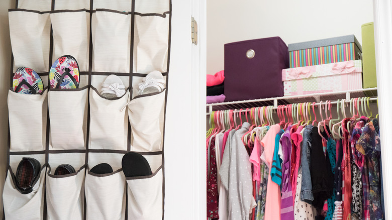 A closet with an over-door organizer hung over the door