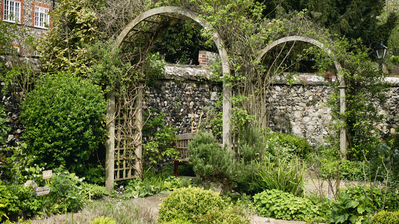 Two wooden garden arches covered in vines inside a stone-walled garden.
