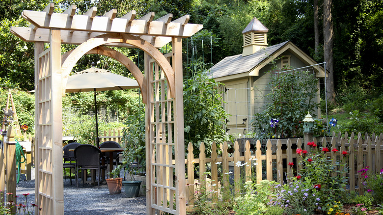 An newly installed, undecorated, wooden garden arch in a quaint cottage-style backyard.