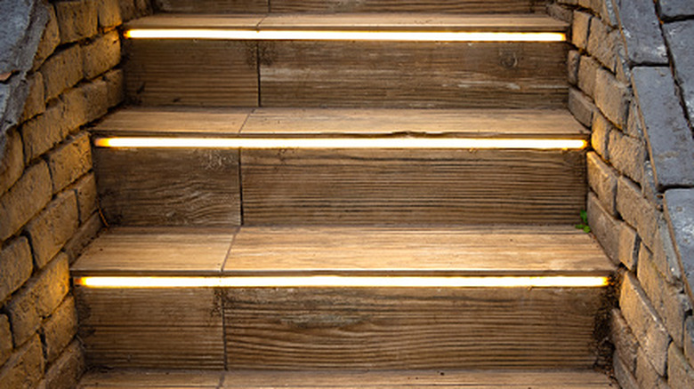 Outdoor steps lighted with LED light strips