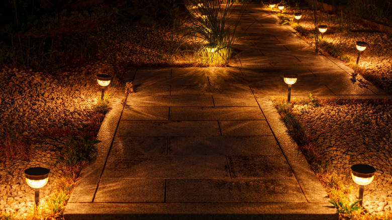 A paver pathway with small solar lights along both sides