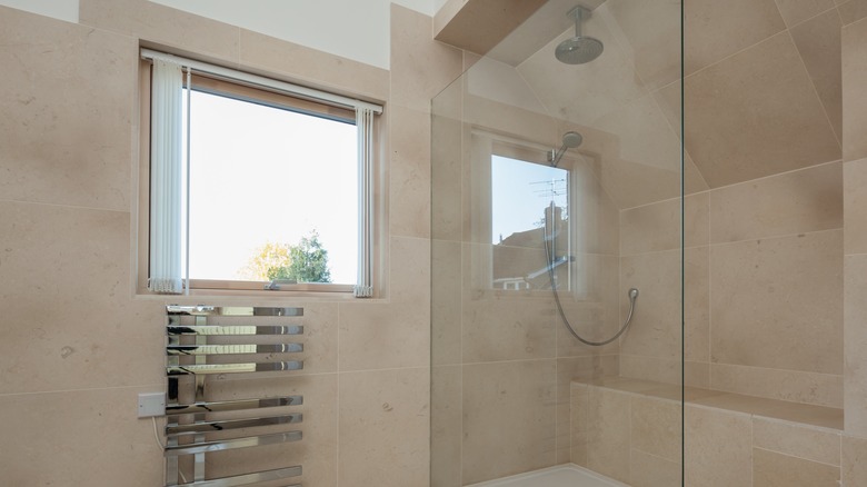 Shelves outside a shower