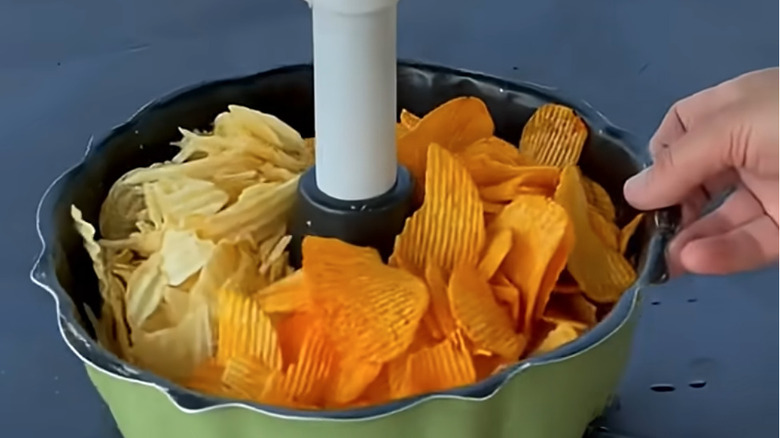 outdoor lazy Susan bundt pan filled with chips