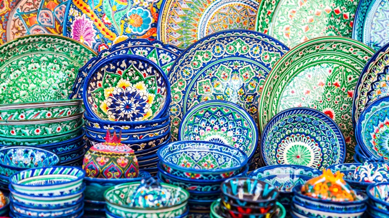 stacks of colorful patterned dishes