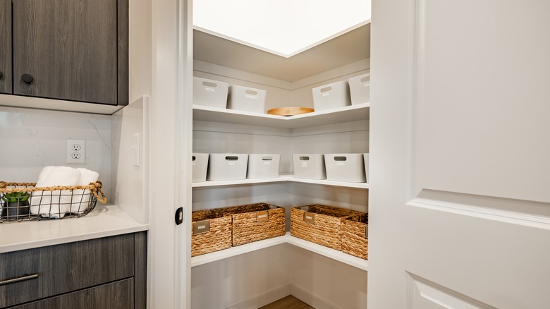 baskets located on pantry shelves in a modern kitchen