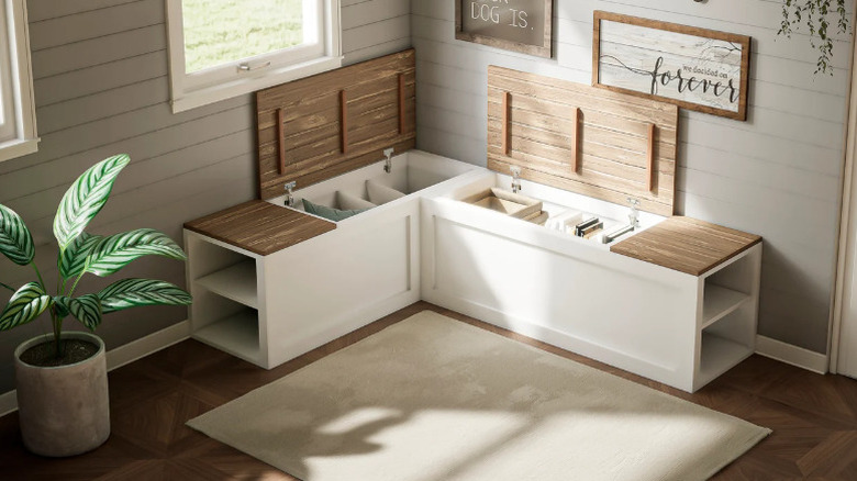 kitchen seating bench with selves and hidden storage